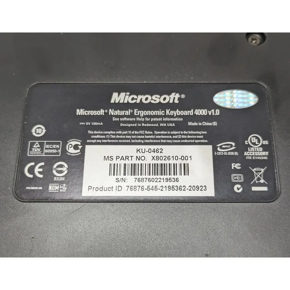 Microsoft‎ Natural Ergonomic Black Keyboard 4000 v1 USB Wired KU-0462